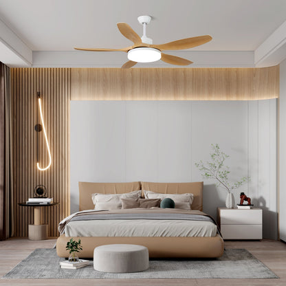 Plafondventilator met LED-verlichting 122/132 cm — DC-motor 6 snelheden ABS-bladen natuurlijke houtnerfafwerking hydrografisch afstandsbediening 3 kleurtemperaturen geïntegreerde verlichting ventilatorfunctie plafondmontage