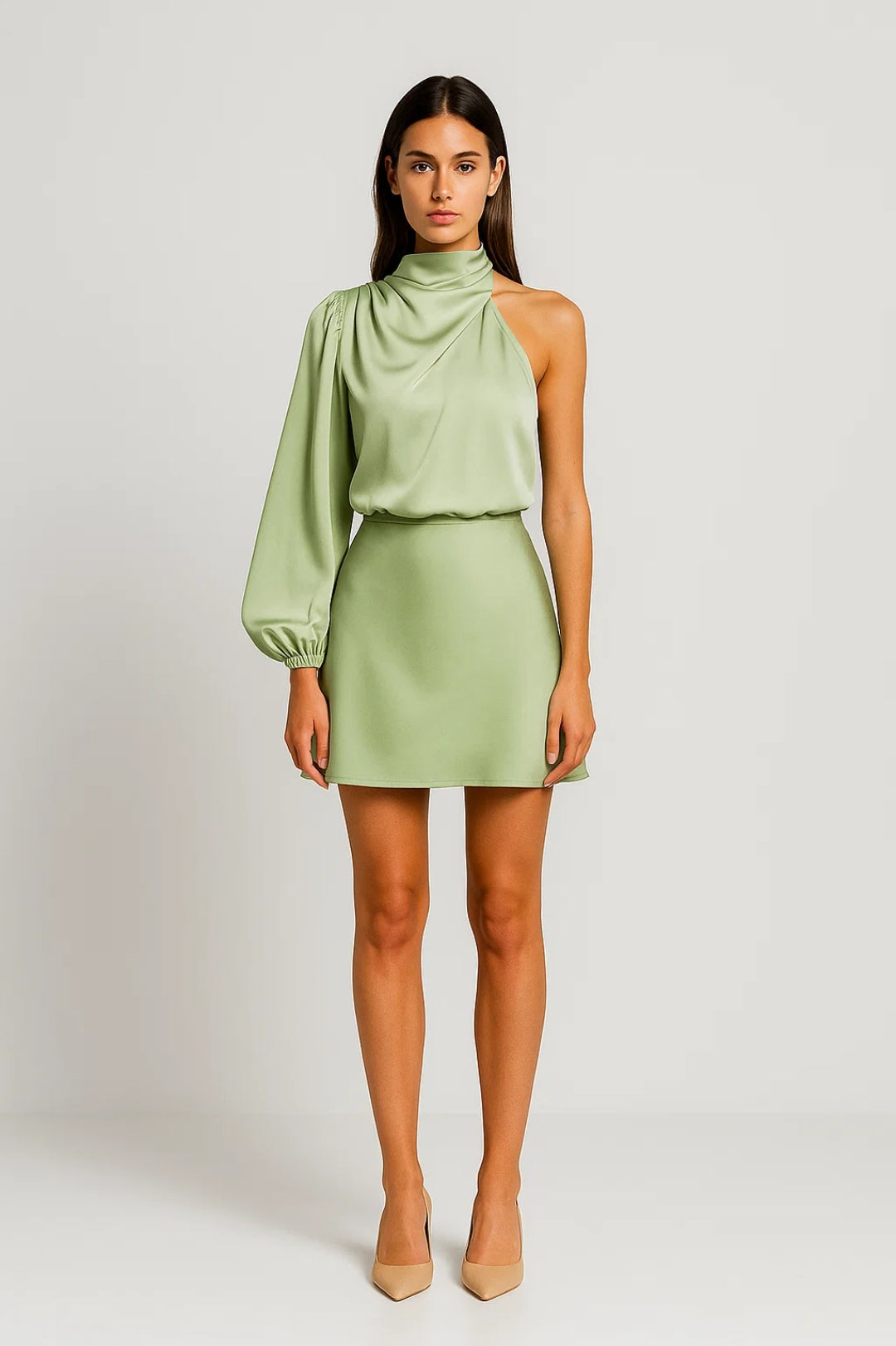 Elegante One Shoulder Mini Jurk Dames Hoge Hals