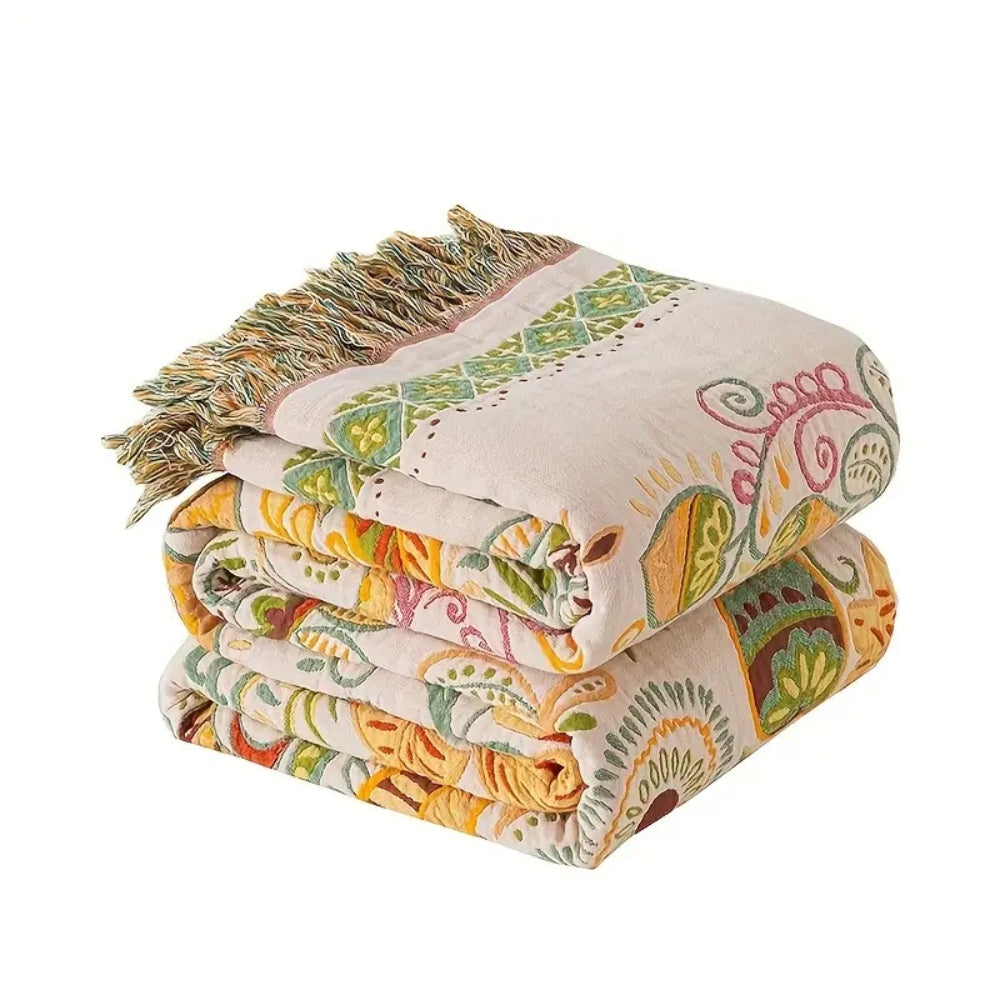 Omkeerbare Bohemien Plaid met Herfstbladeren en Kwastjes – Zachte Katoenen Gauze Deken voor Bank en Bed