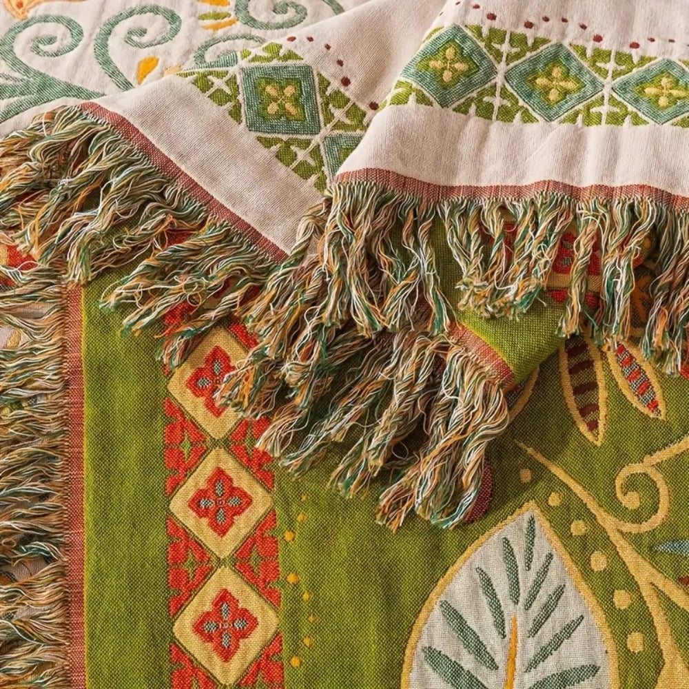 Omkeerbare Bohemien Plaid met Herfstbladeren en Kwastjes – Zachte Katoenen Gauze Deken voor Bank en Bed