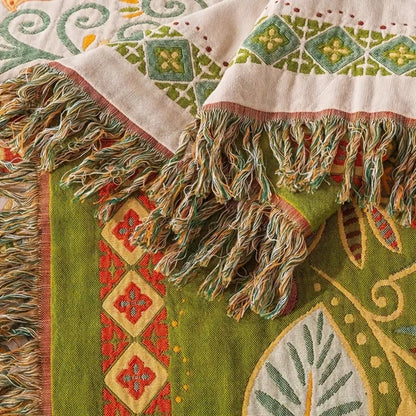 Omkeerbare Bohemien Plaid met Herfstbladeren en Kwastjes – Zachte Katoenen Gauze Deken voor Bank en Bed