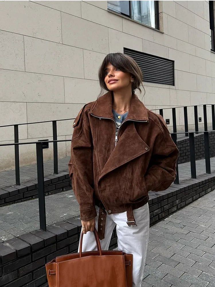 Dames Bikerjas Zacht Suède Oversized Lederjas - StudioMarella