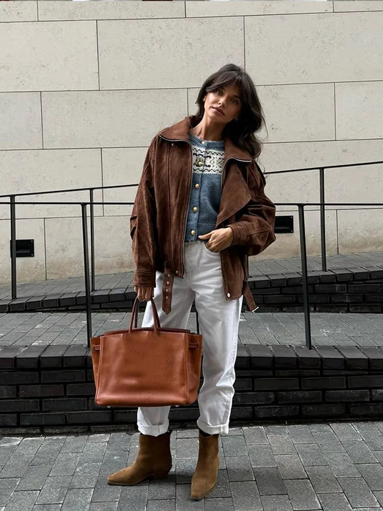 Dames Bikerjas Suède Oversized Stevig en Stijlvol