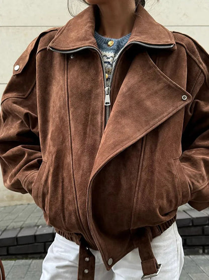 Dames Bikerjas Zacht Suède Oversized Lederjas