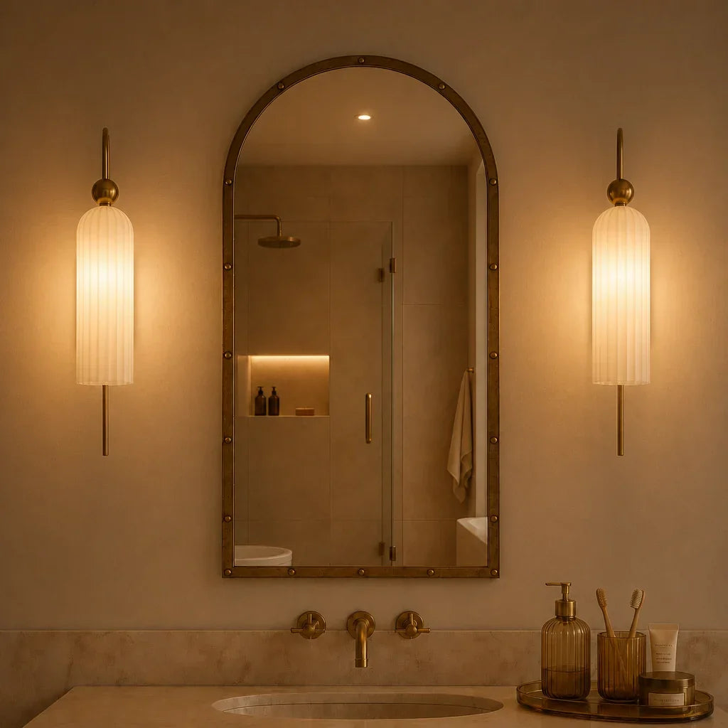Geribbelde Glazen Wandlamp Cilindervorm met Gouden Fitting voor Gang, Slaapkamer, Woonkamer