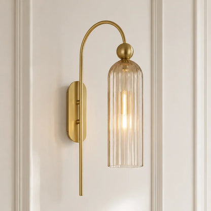 Geribbelde Glazen Wandlamp Cilindervorm met Gouden Fitting voor Gang, Slaapkamer, Woonkamer