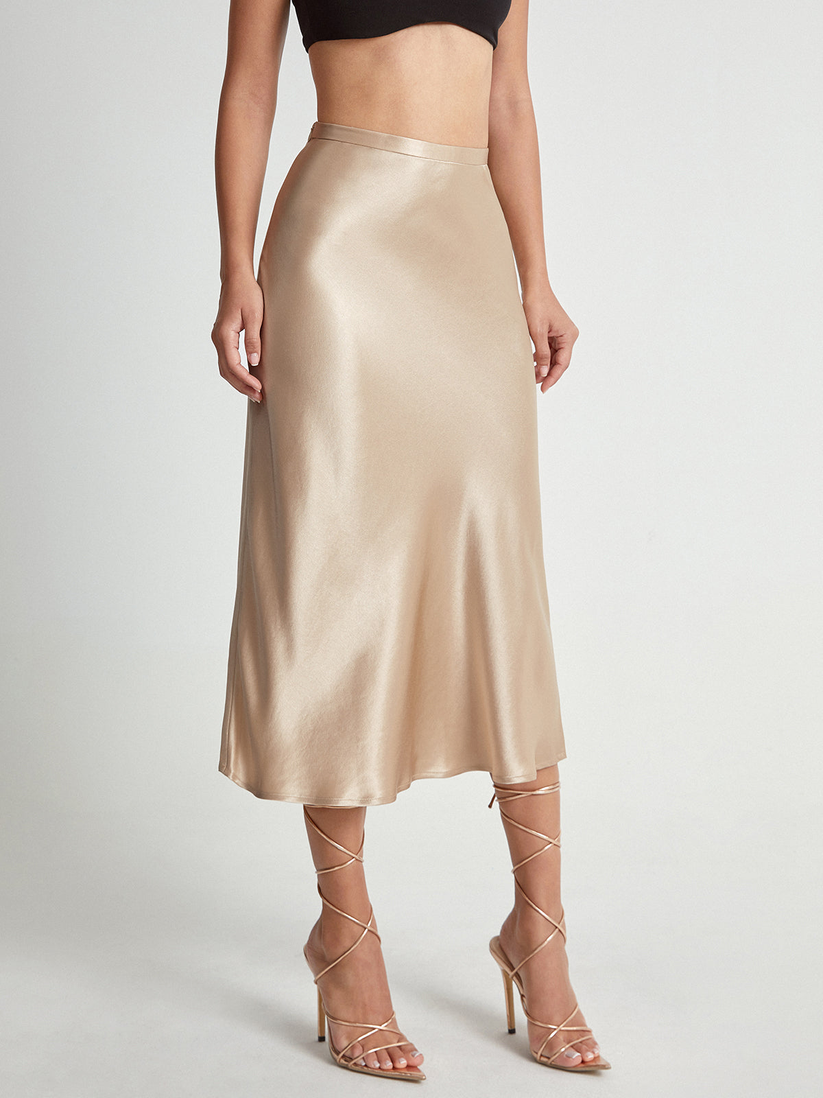Satijnen Rok Hoge Taille Midi Lengte Elegante Vrouwenrok