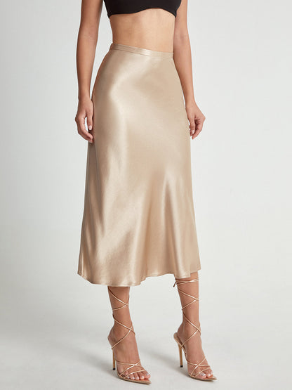 Satijnen Rok Hoge Taille Midi Lengte Elegante Vrouwenrok
