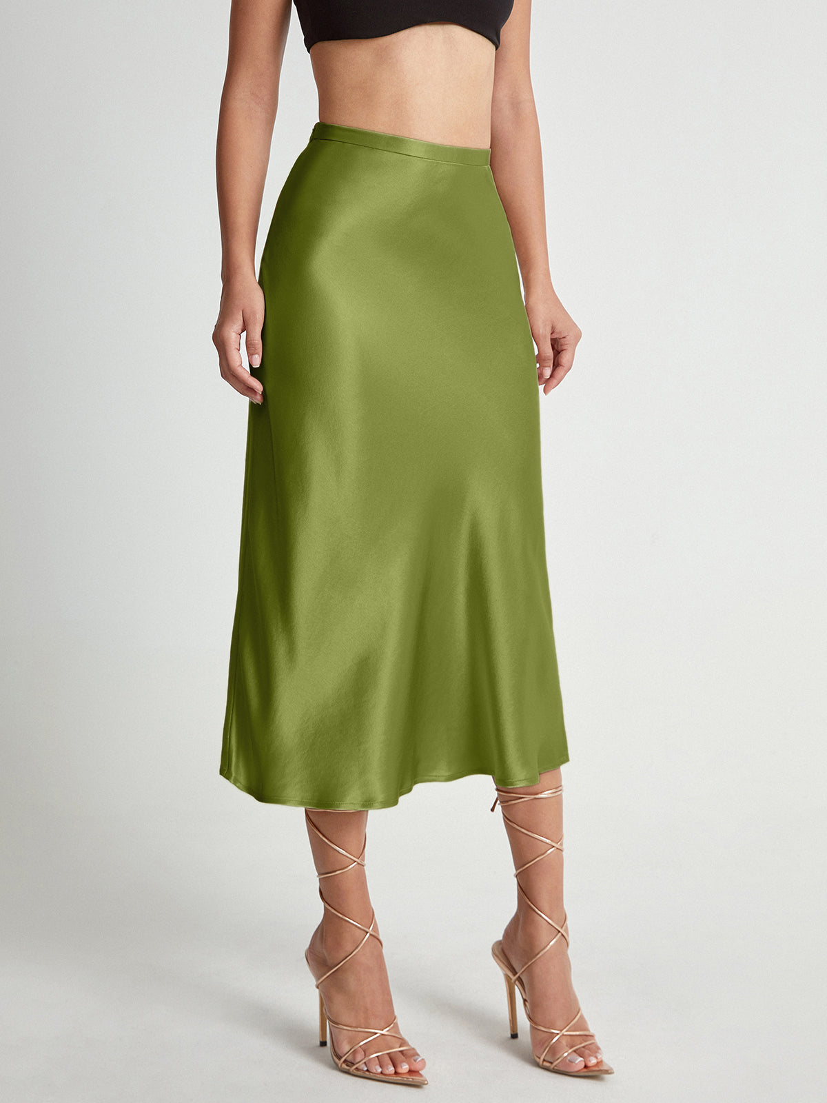 Satijnen Rok Hoge Taille Midi Lengte Elegante Vrouwenrok