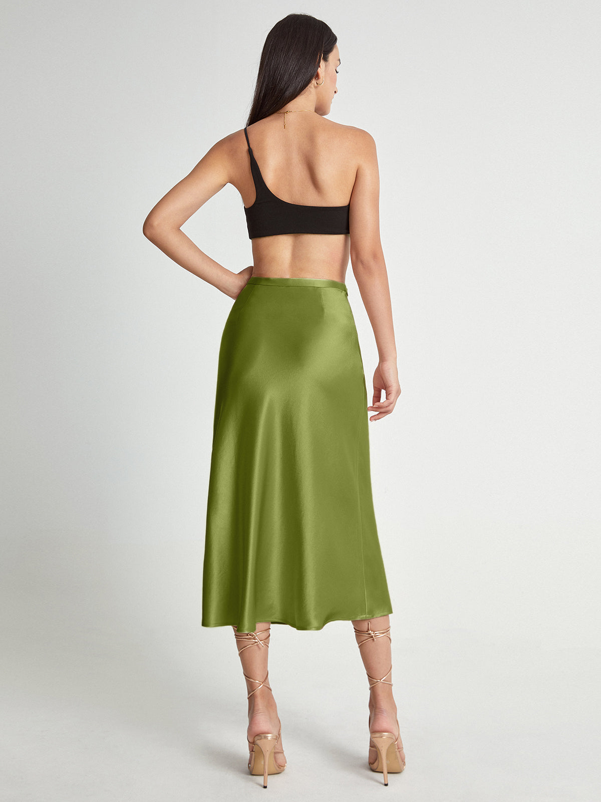 Satijnen Rok Hoge Taille Midi Lengte Elegante Vrouwenrok