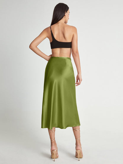 Satijnen Rok Hoge Taille Midi Lengte Elegante Vrouwenrok