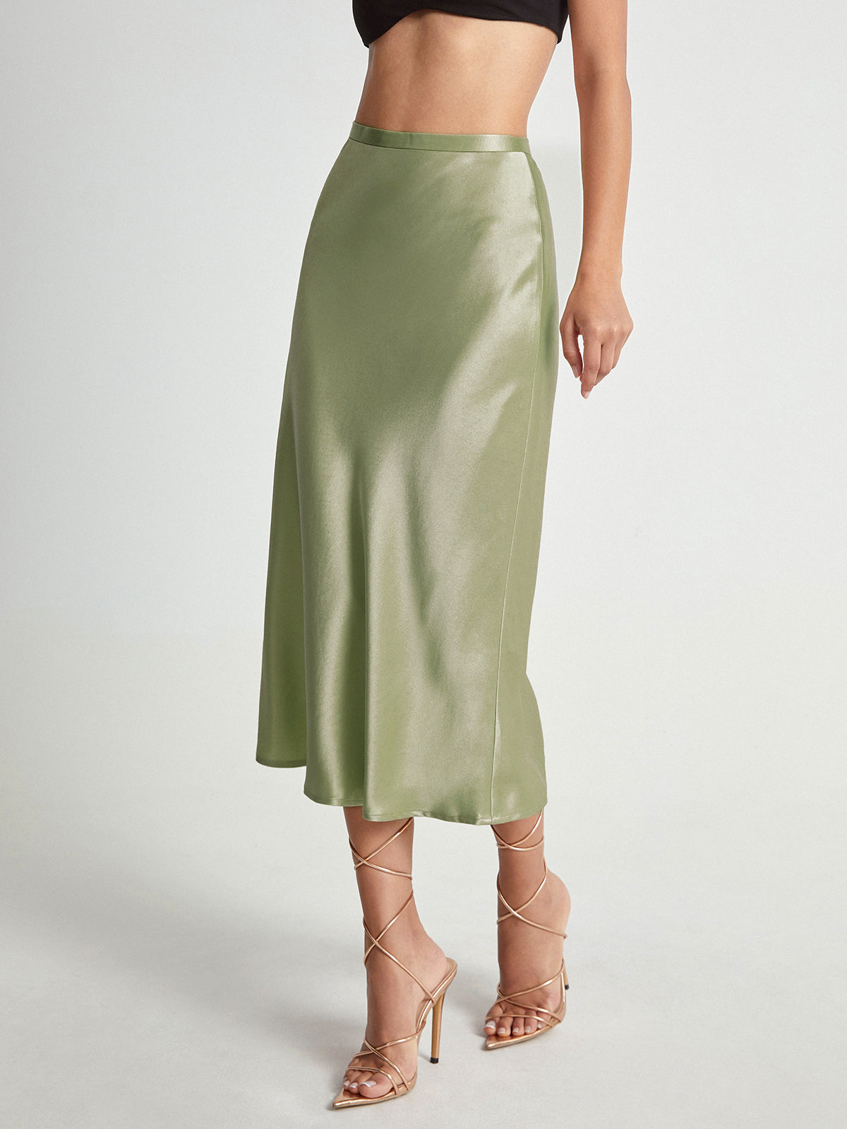 Satijnen Rok Hoge Taille Midi Lengte Elegante Vrouwenrok