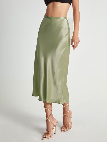 Satijnen Rok Hoge Taille Midi Lengte Elegante Vrouwenrok