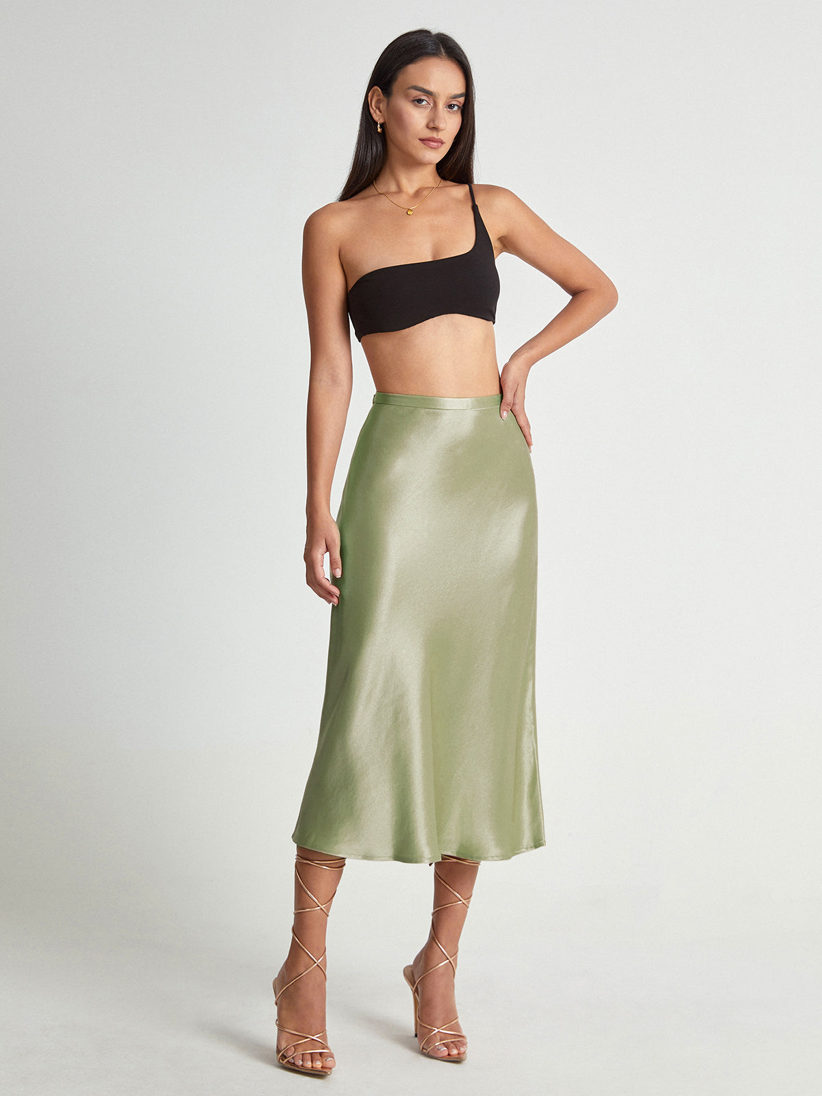 Satijnen Rok Hoge Taille Midi Lengte Elegante Vrouwenrok