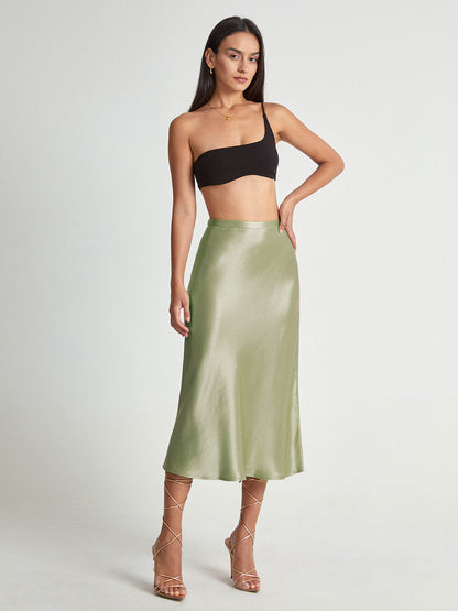 Satijnen Rok Hoge Taille Midi Lengte Elegante Vrouwenrok