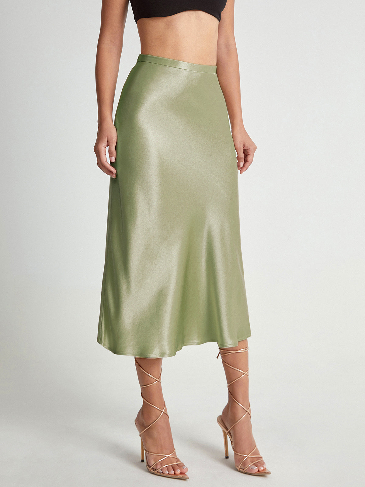 Satijnen Rok Hoge Taille Midi Lengte Elegante Vrouwenrok