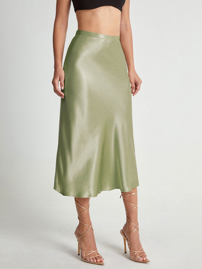 Satijnen Rok Hoge Taille Midi Lengte Elegante Vrouwenrok