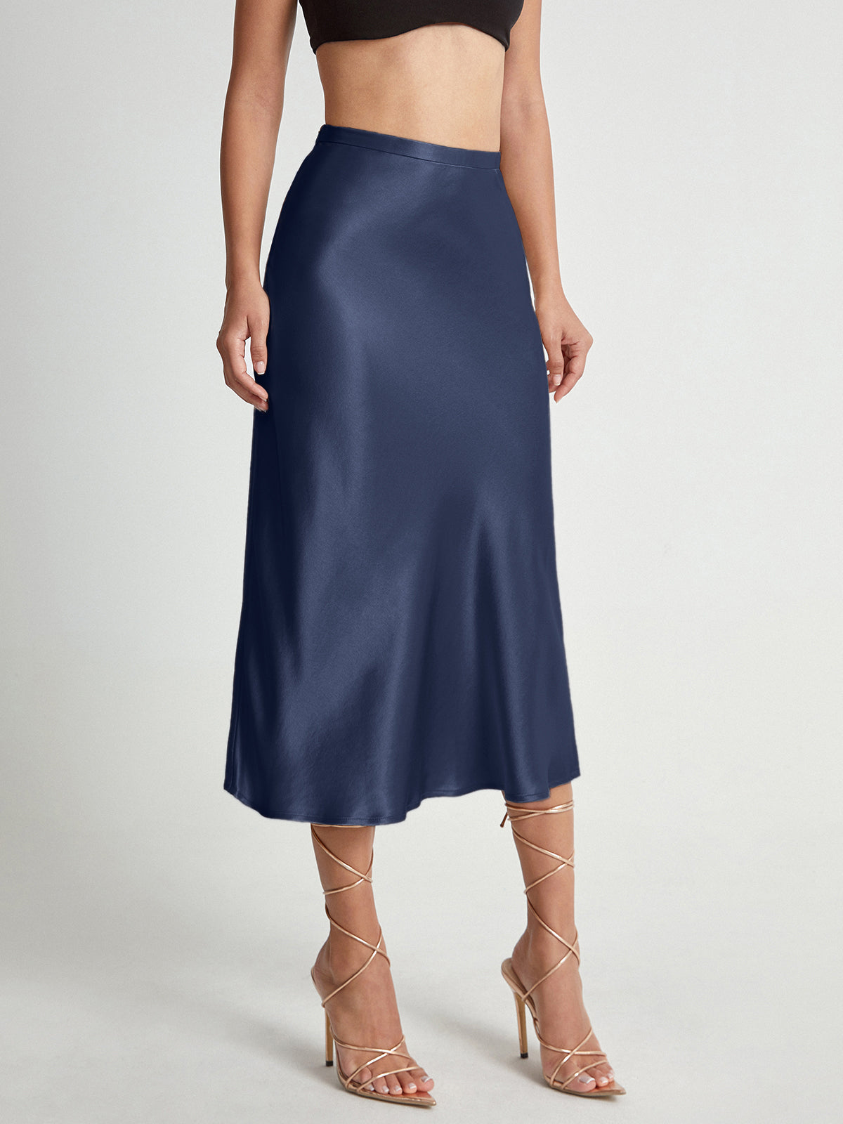 Satijnen Rok Hoge Taille Midi Lengte Elegante Vrouwenrok