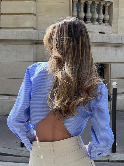 Dames Blouse Kort Model Lichtblauw Gestreept