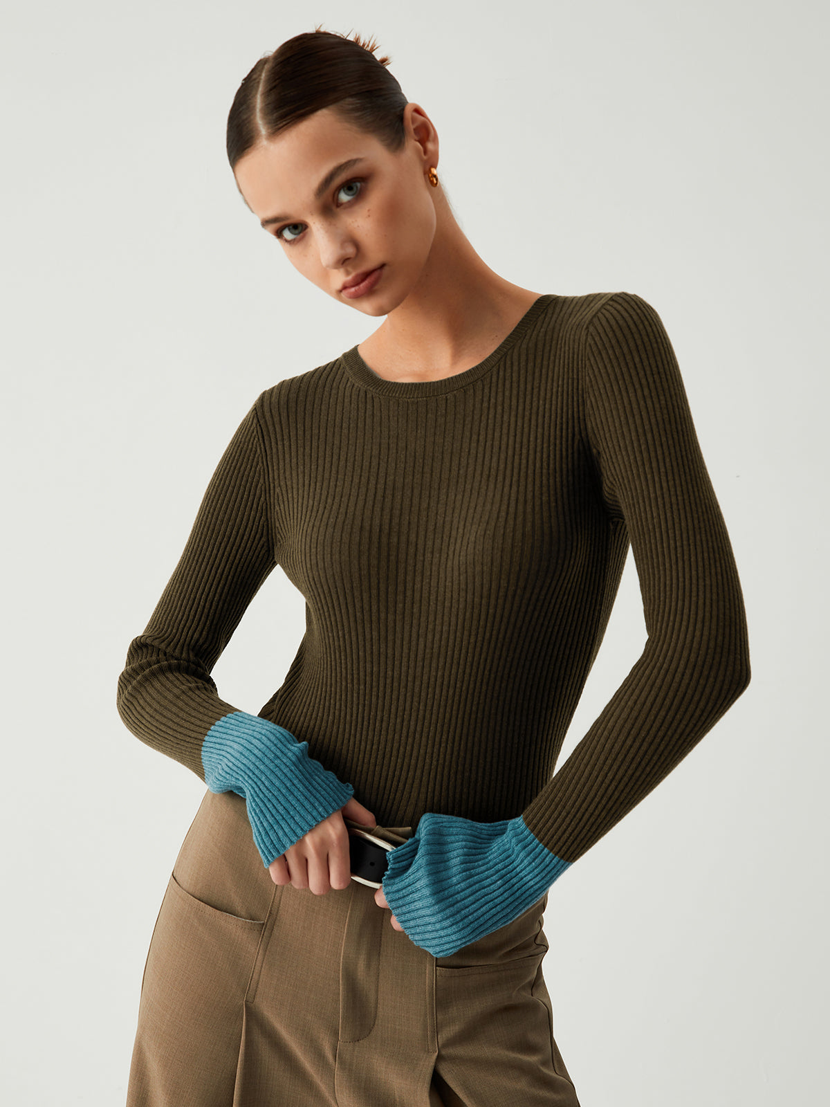 Dames Gebreide Top Slim Fit met Contrasterende Mouwen - StudioMarella