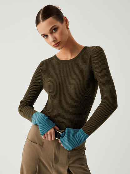 Dames Gebreide Top Slim Fit met Contrasterende Mouwen - StudioMarella