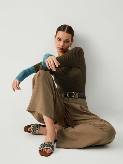 Dames Gebreide Top Slim Fit met Contrasterende Mouwen