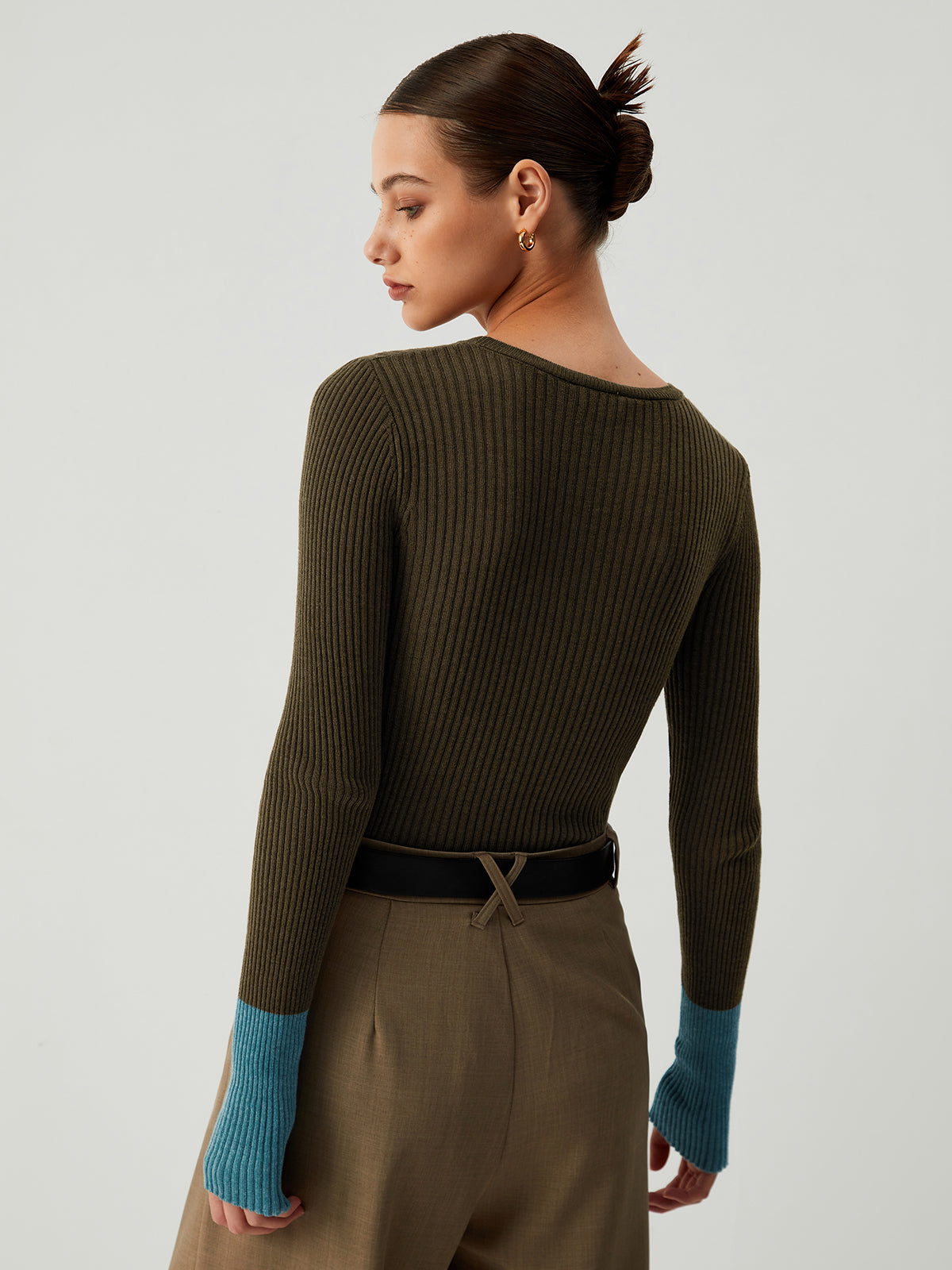 Dames Gebreide Top Slim Fit met Contrasterende Mouwen