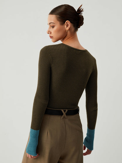 Dames Gebreide Top Slim Fit met Contrasterende Mouwen