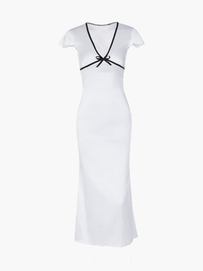 Witte Jurk voor Vrouw met Contrastdetails en Midi-lengte