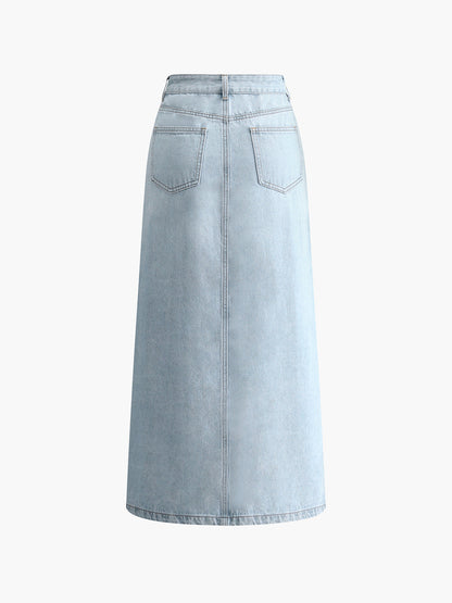 Dames Midi Rok Jeans Blauw Met Voorsplit