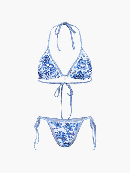 Halter Bikini Set Blauw Gedrukt Stijlvol Strandkleding - StudioMarella
