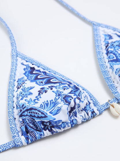 Halter Bikini Set Blauw Gedrukt Stijlvol Strandkleding