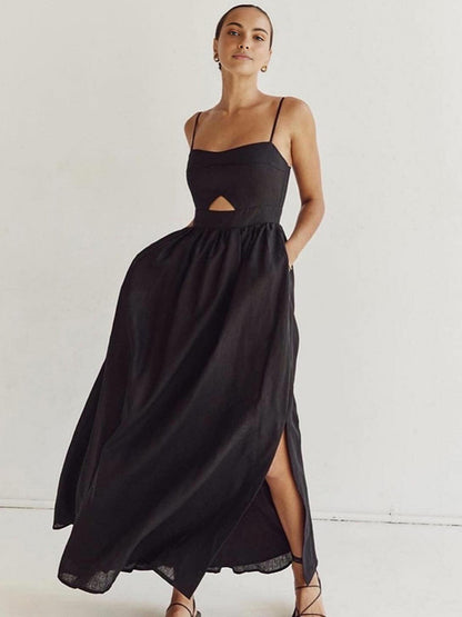 Linnen Maxijurk Zonder Mouwen met Cut-Out Detail en Dunne Bandjes