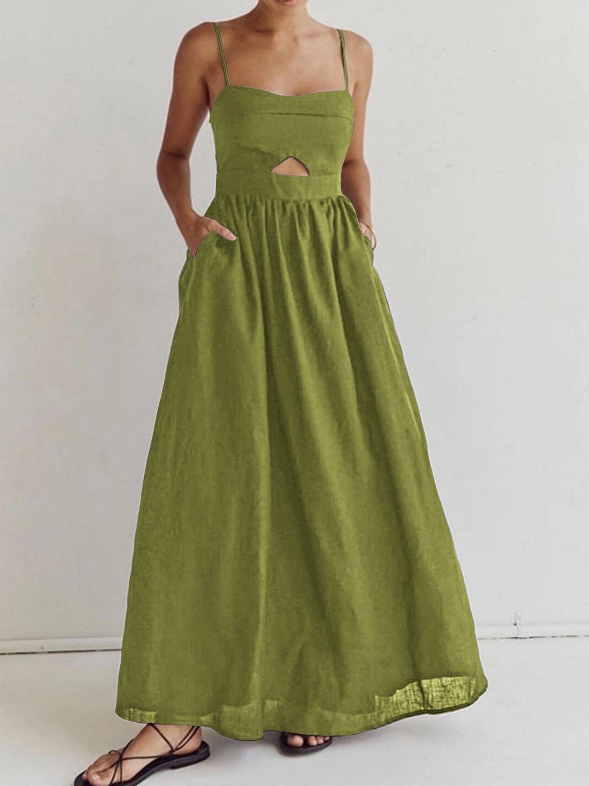 Linnen Maxijurk Zonder Mouwen met Cut-Out Detail en Dunne Bandjes
