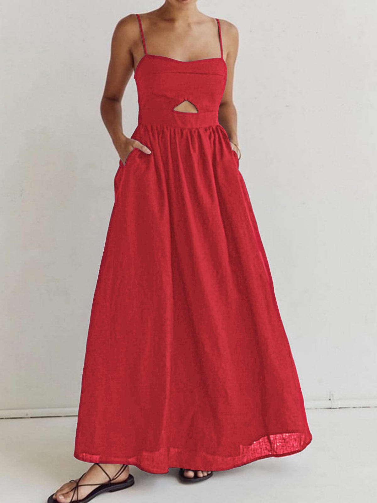 Linnen Maxijurk Zonder Mouwen met Cut-Out Detail en Dunne Bandjes