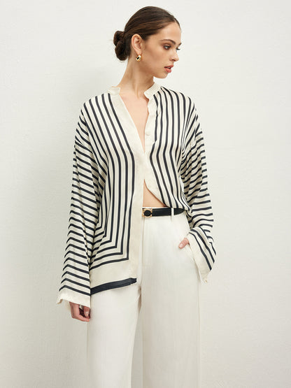 Vrouwelijke Blouse Satijnen Stof Gestreept Elegante Stijl
