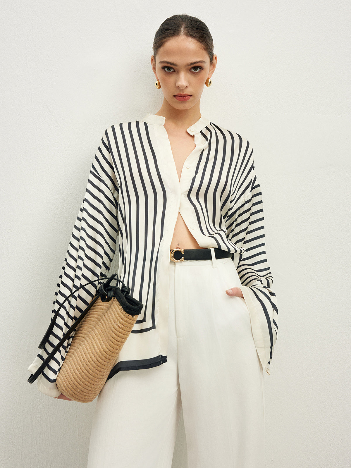 Vrouwelijke Blouse Satijnen Stof Gestreept Elegante Stijl - StudioMarella
