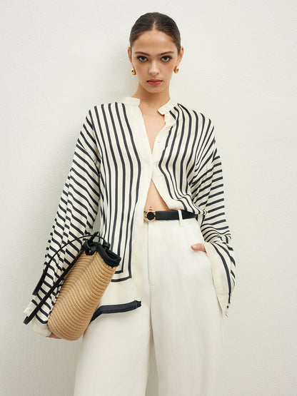 Vrouwelijke Blouse Satijnen Stof Gestreept Elegante Stijl - StudioMarella