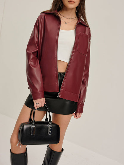 Rode Lederen Jacket Bordeaux Stijl