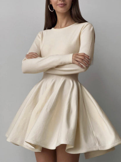 Dames Skaterjurk Lange Mouwen Elegante Crème Jurk - StudioMarella