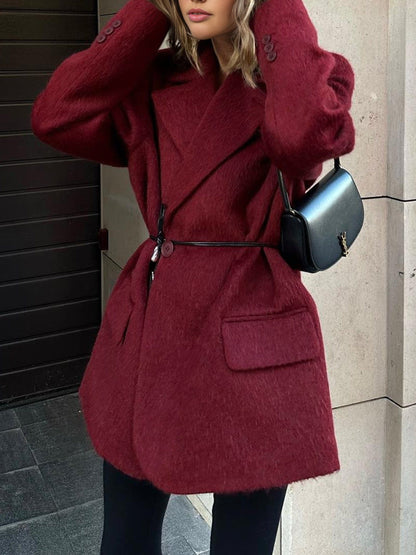 Plus Size Winterjas Rode Wol Lange Mantel met Tailleband