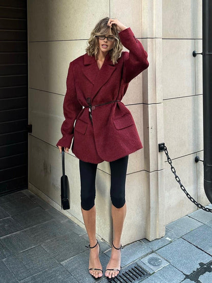 Plus Size Winterjas Rode Wol Lange Mantel met Tailleband