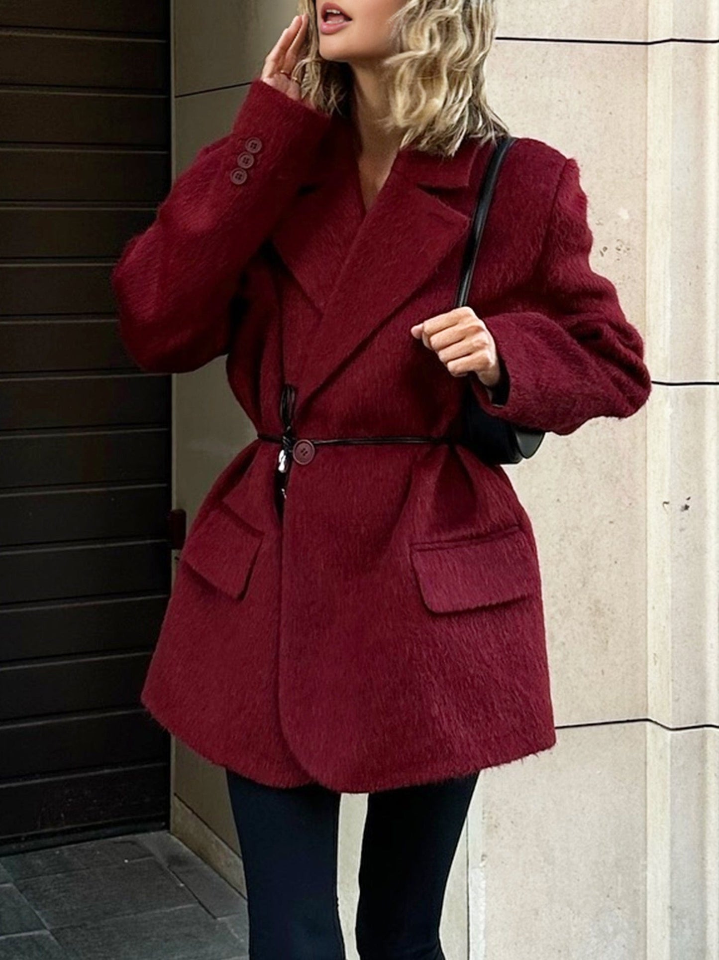 Plus Size Winterjas Rode Wol Lange Mantel met Tailleband