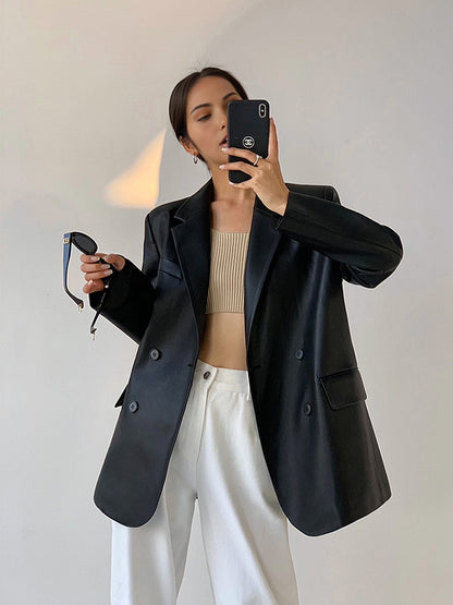 Kunstleder Blazer voor Vrouw met Reverskraag Modern Design