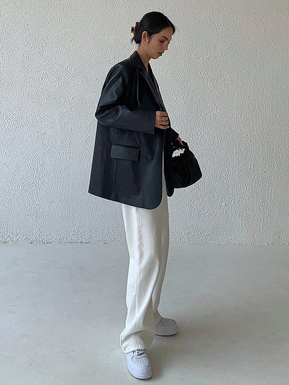 Kunstleder Blazer voor Vrouw met Reverskraag Modern Design