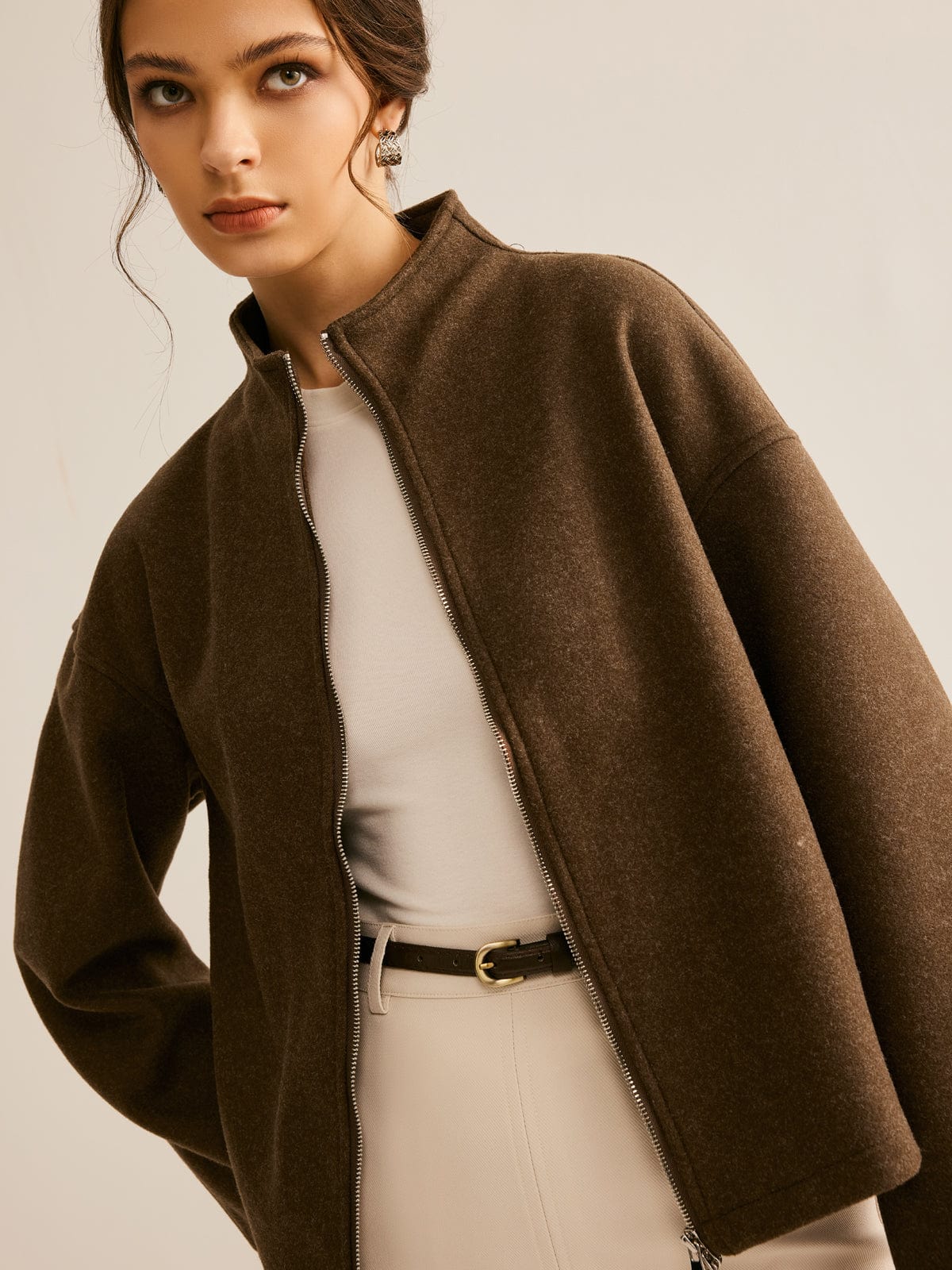 Bruine Damesjas Kort Model Staande Kraag Elegant