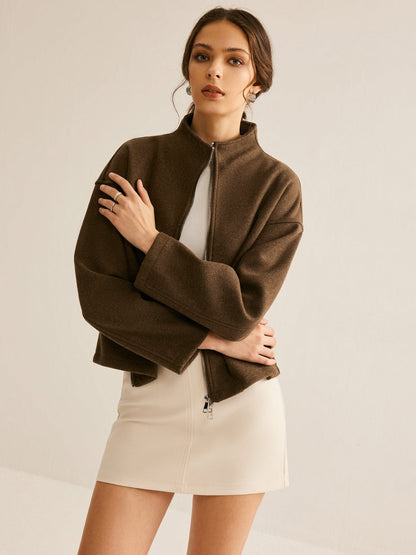Bruine Damesjas Kort Model Staande Kraag Elegant