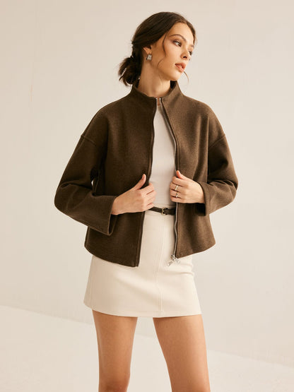 Bruine Damesjas Kort Model Staande Kraag Elegant - StudioMarella