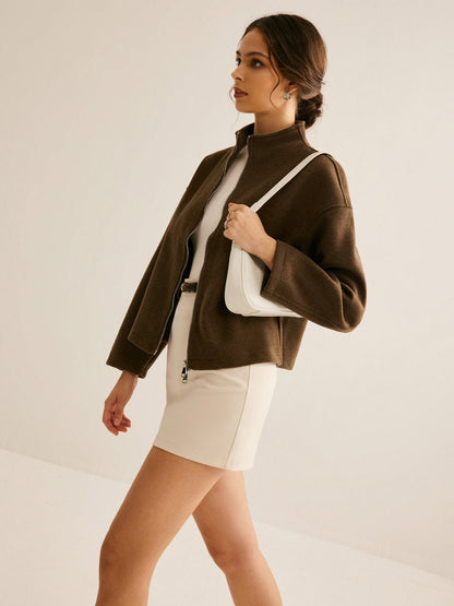 Bruine Damesjas Kort Model Staande Kraag Elegant