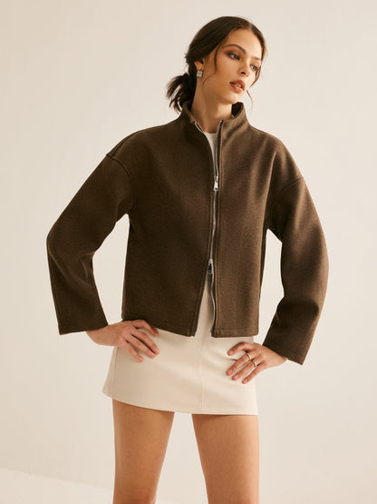 Bruine Damesjas Kort Model Staande Kraag Elegant